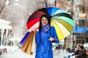 Frau stilvoll mit Regenmantel und Schirm gekleidet (de.depositphotos.com)